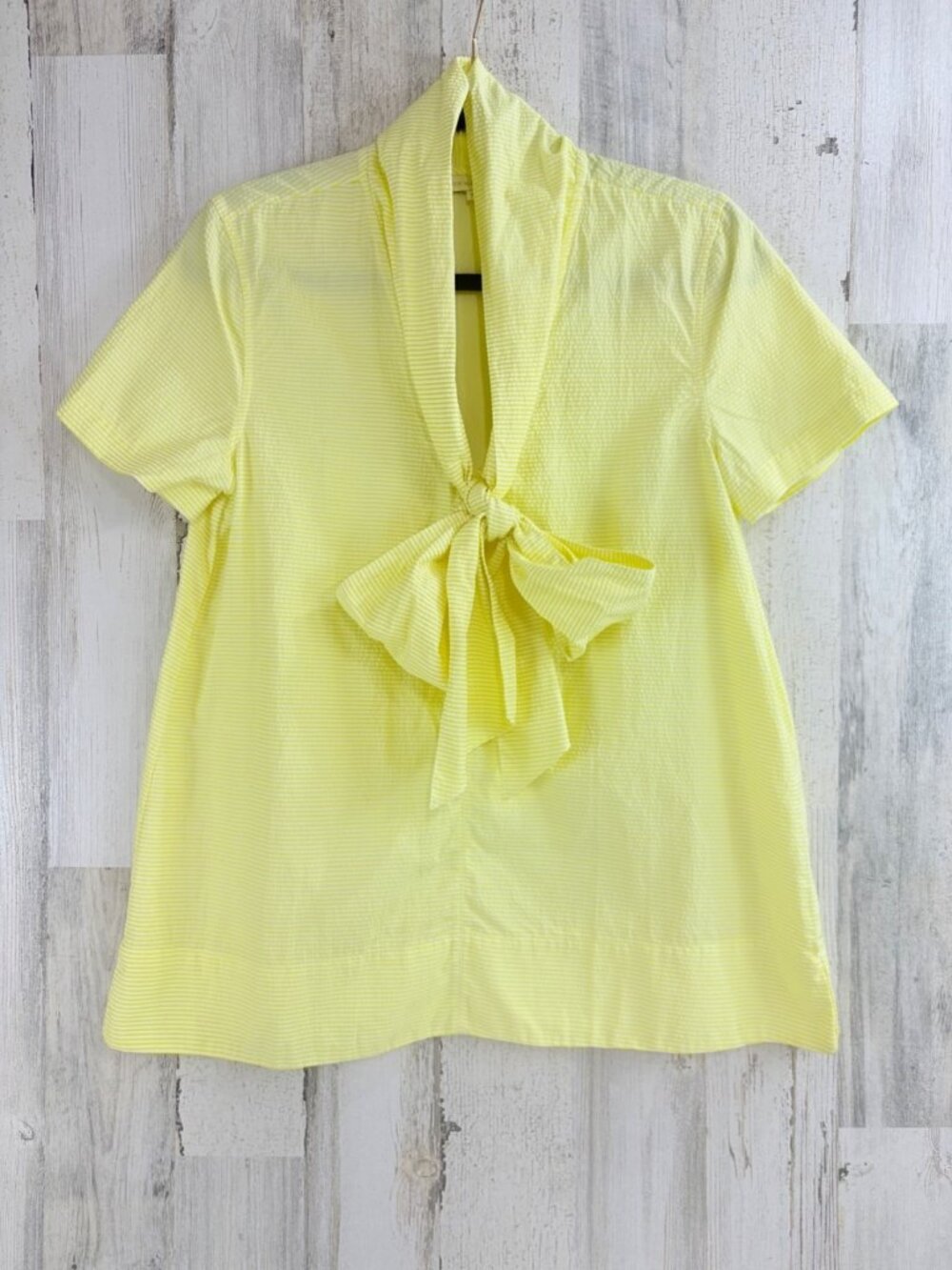 Ann Mashburn Tie Neck Top Sz M Yellow Seersucker Bow